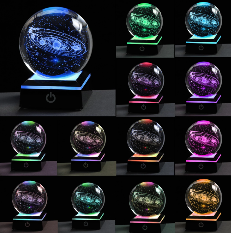 3D Laser Crystal Ball Solar System Model with Touch Switch LED Light Base