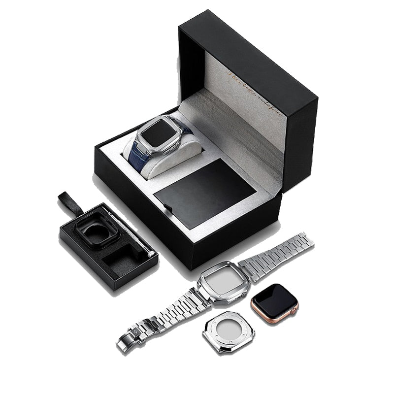 Stainless Steel Case with Leather Watch Band Modification Kit For Apple Watch