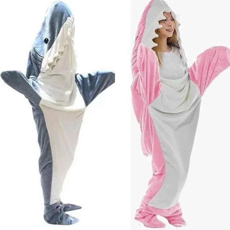 Thick Flannel Cartoon Shark Sleeping Bag – Plush Animal Pajama Blanket for Men & Women, Cozy Robe for School or Home