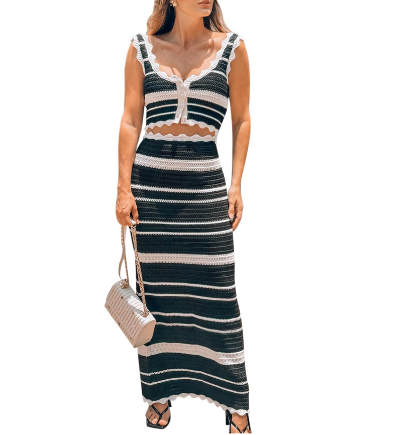 Striped Boho Knit Beach Skirt Set – Sexy Backless Striped Two-Piece for a Chic Summer Holiday Look