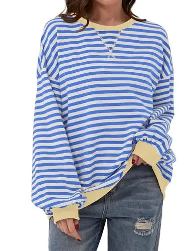Oversized Striped Pullover Round Neck Sweatshirt – Casual Long Sleeve Crew Neck for a Laid-Back Yet Fashionable Look