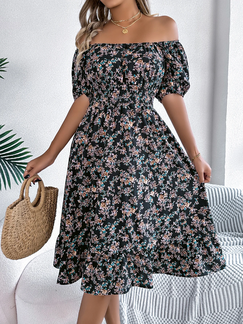 Floral Ruffled Square Neck Dress – Elegant Short Sleeve Summer Dress for Feminine Charm & Seasonal Sophistication