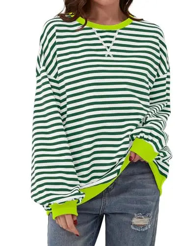 Oversized Striped Pullover Round Neck Sweatshirt – Casual Long Sleeve Crew Neck for a Laid-Back Yet Fashionable Look