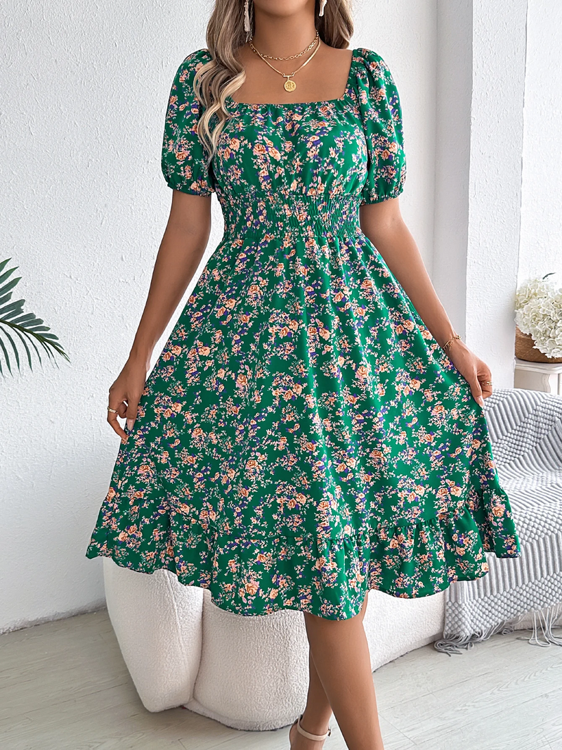 Floral Ruffled Square Neck Dress – Elegant Short Sleeve Summer Dress for Feminine Charm & Seasonal Sophistication