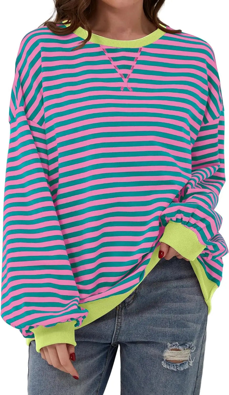 Oversized Striped Pullover Round Neck Sweatshirt – Casual Long Sleeve Crew Neck for a Laid-Back Yet Fashionable Look