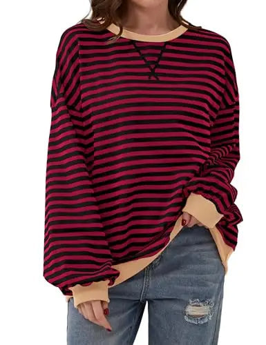 Oversized Striped Pullover Round Neck Sweatshirt – Casual Long Sleeve Crew Neck for a Laid-Back Yet Fashionable Look