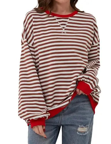 Oversized Striped Pullover Round Neck Sweatshirt – Casual Long Sleeve Crew Neck for a Laid-Back Yet Fashionable Look