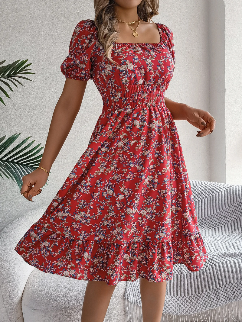 Floral Ruffled Square Neck Dress – Elegant Short Sleeve Summer Dress for Feminine Charm & Seasonal Sophistication