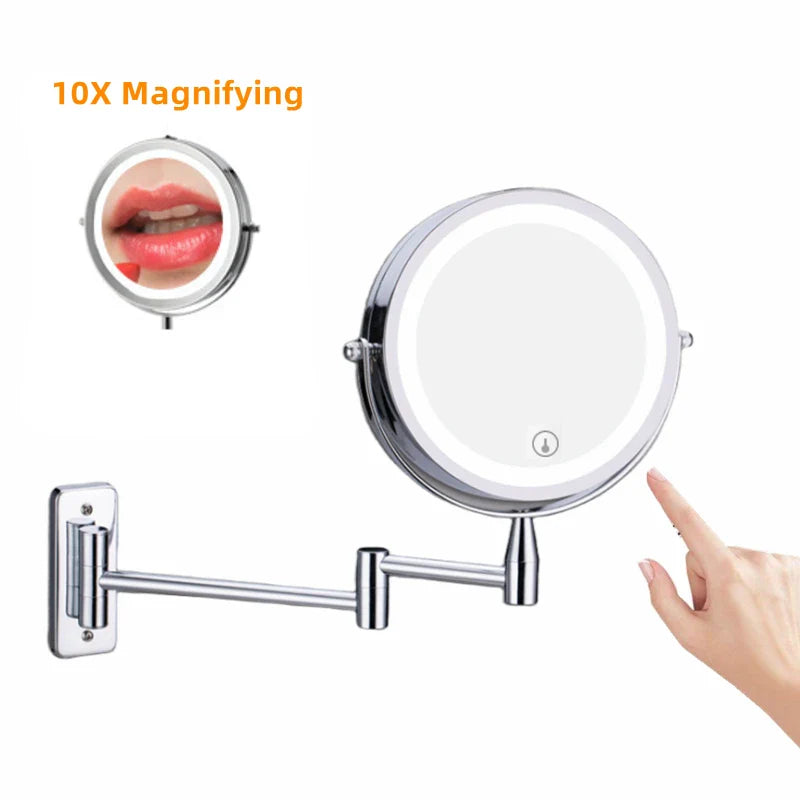 LED Lighted Folding Bathroom Mirror – Wall-Mounted 10X Magnification Touch Dimming Makeup Mirror with Dual-Sided Viewing