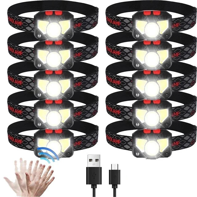 USB Rechargeable LED Headlamp – Bright Sensor-Activated Head Torch for Fishing, Hiking, Emergency Search, or Camping Adventure Use
