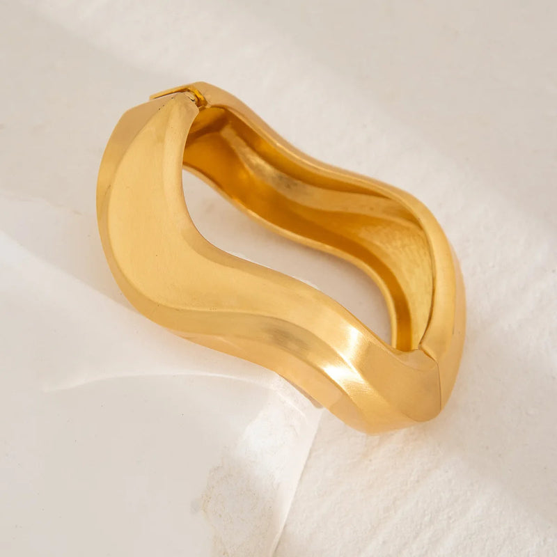 Chunky Water Drop Bangle - Bold Gold Open Cuff with Irregular Wave Design