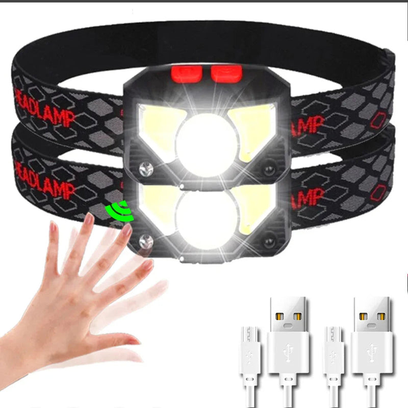 USB Rechargeable LED Headlamp – Bright Sensor-Activated Head Torch for Fishing, Hiking, Emergency Search, or Camping Adventure Use