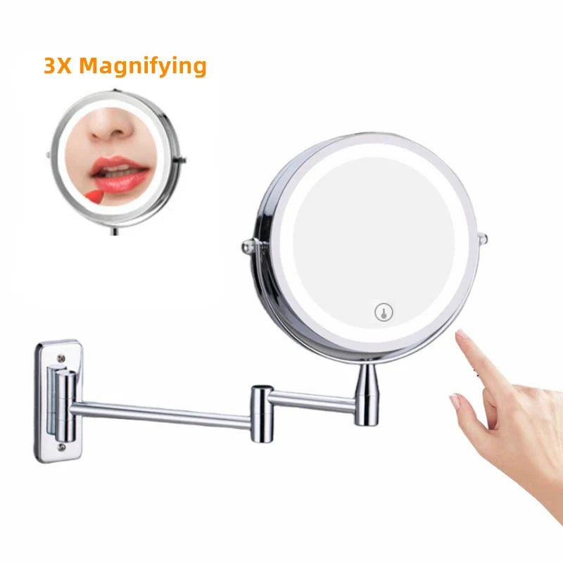 LED Lighted Folding Bathroom Mirror – Wall-Mounted 10X Magnification Touch Dimming Makeup Mirror with Dual-Sided Viewing