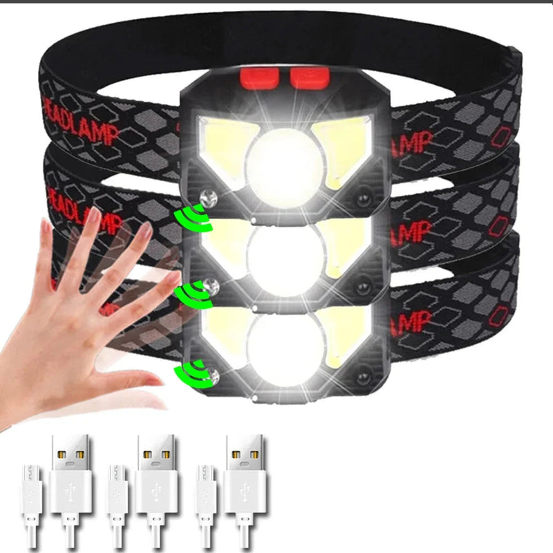 USB Rechargeable LED Headlamp – Bright Sensor-Activated Head Torch for Fishing, Hiking, Emergency Search, or Camping Adventure Use