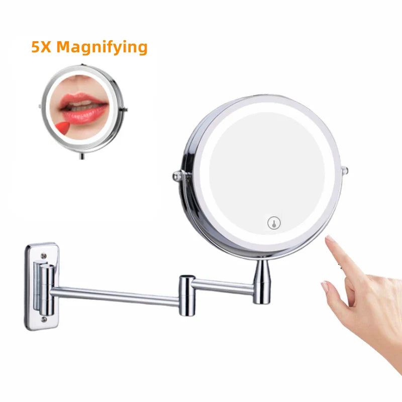 LED Lighted Folding Bathroom Mirror – Wall-Mounted 10X Magnification Touch Dimming Makeup Mirror with Dual-Sided Viewing