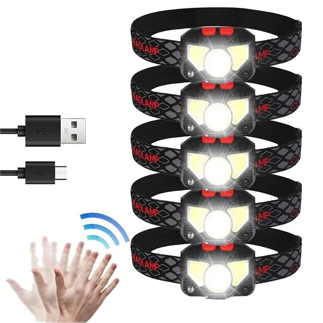 USB Rechargeable LED Headlamp – Bright Sensor-Activated Head Torch for Fishing, Hiking, Emergency Search, or Camping Adventure Use
