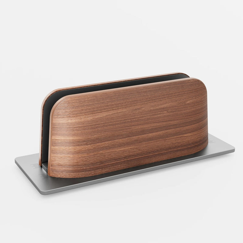 Vertical Laptop Stand – Premium Aluminum & Black Walnut Holder for MacBook, Dell, HP, Samsung & Surface, Elegant Desk Organizer