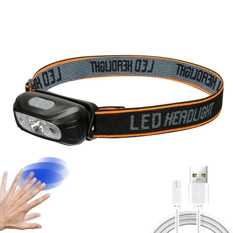 USB Rechargeable LED Headlamp – Bright Sensor-Activated Head Torch for Fishing, Hiking, Emergency Search, or Camping Adventure Use