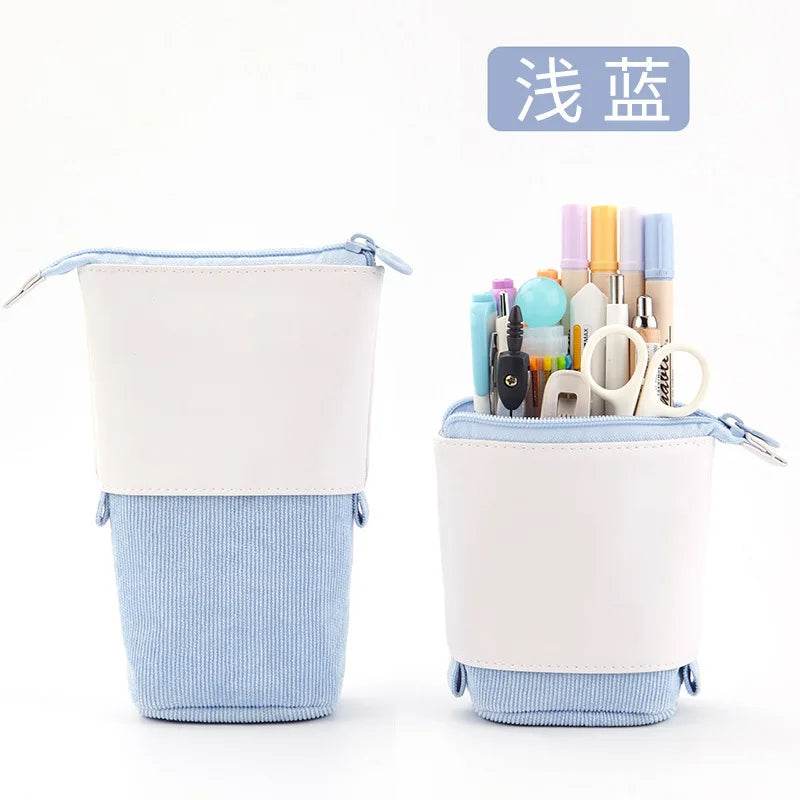 PU Pop-up Bag Pencil Holder - Corduroy Standing Stationery Organizer Case with Zipper, Stylish Gift for Boys, Girls, and Students
