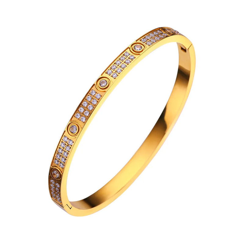 Zircon Cross Nut Nail Bracelet - Gold Screw-Style Stainless Steel Bangle for Edgy Glam