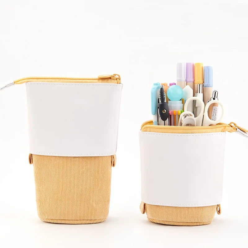 PU Pop-up Bag Pencil Holder - Corduroy Standing Stationery Organizer Case with Zipper, Stylish Gift for Boys, Girls, and Students