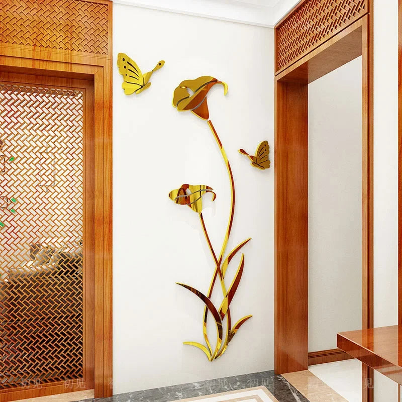 Butterfly Lily Mirror Wall Sticker – 3D DIY Floral Mural Decal for Bedroom, TV Background, and Elegant Living Room Décor Charm