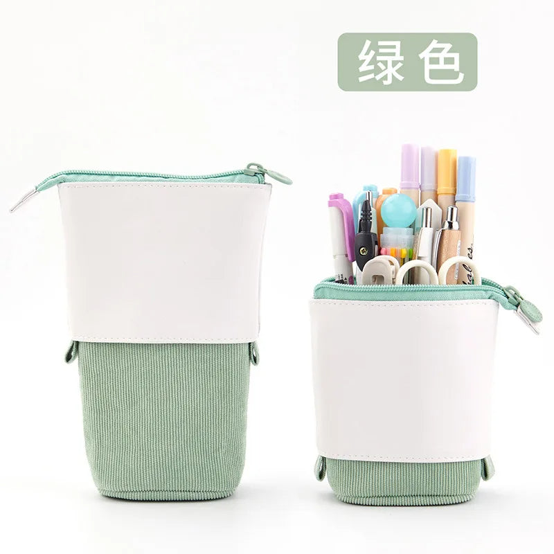 PU Pop-up Bag Pencil Holder - Corduroy Standing Stationery Organizer Case with Zipper, Stylish Gift for Boys, Girls, and Students
