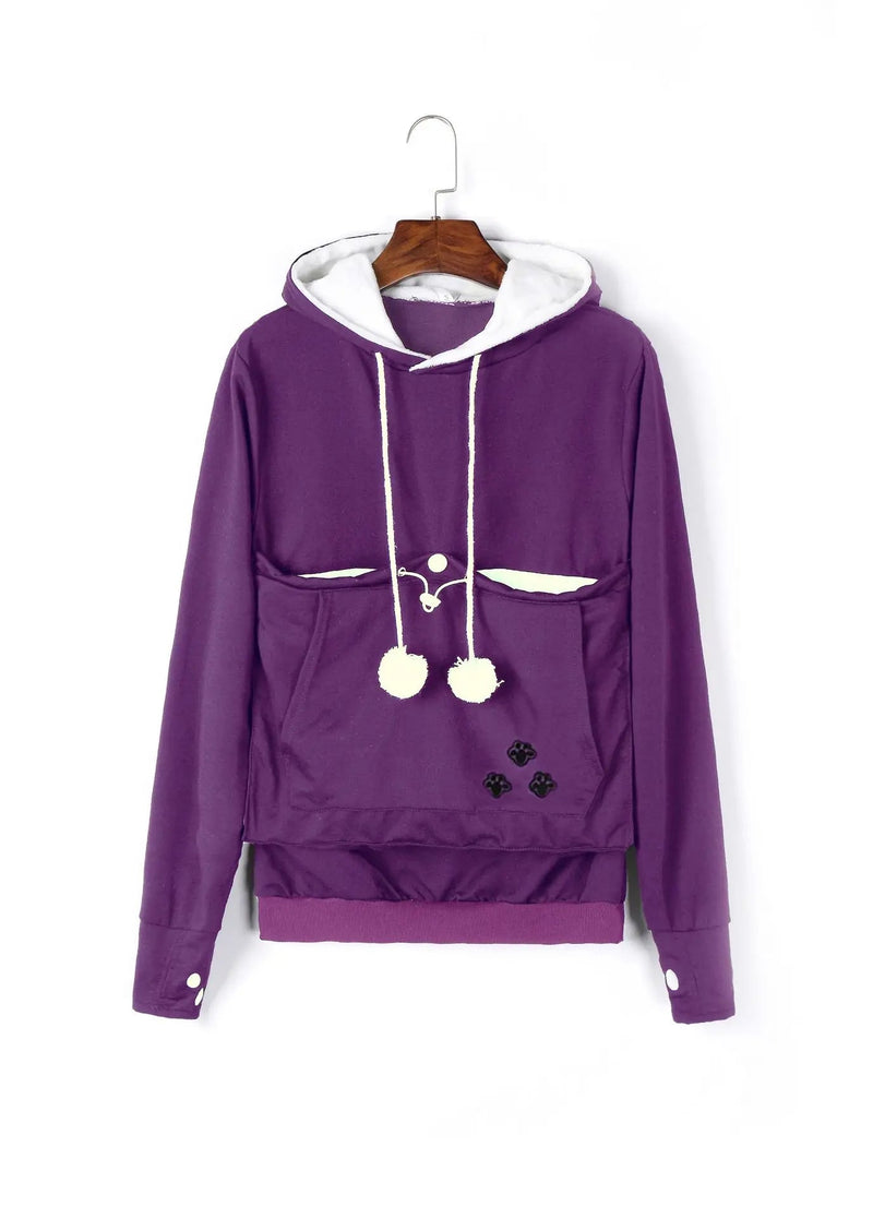 Cat Lover’s Hoodie with Pet Pouch – Cozy Kangaroo Sweatshirt for Cuddling Dogs or Cats, Featuring Animal Ears and Paw Print Style