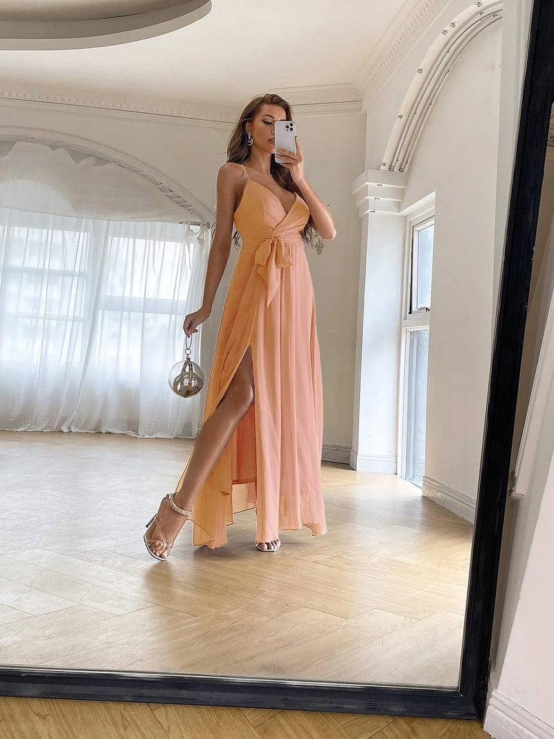 Unithorse Solid Criss Cross Belted Chiffon Dress – Elegant Flowy V-Neck Fit for Chic Summer Days and Effortless Style