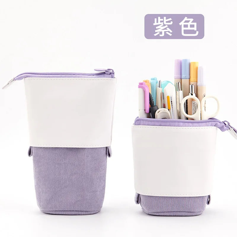 PU Pop-up Bag Pencil Holder - Corduroy Standing Stationery Organizer Case with Zipper, Stylish Gift for Boys, Girls, and Students