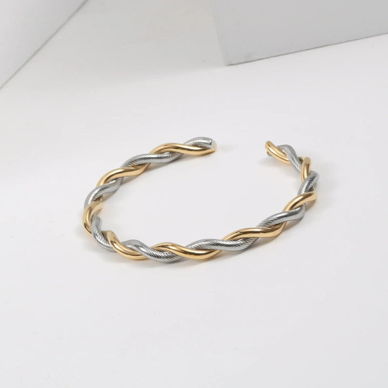 Charm Twist Cuff Bracelet - Slim Gold Opening Bangle in 316L Stainless Steel Charm