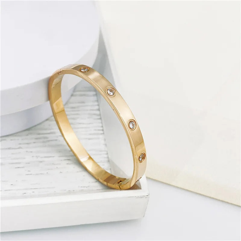 Zircon Cross Nut Nail Bracelet - Gold Screw-Style Stainless Steel Bangle for Edgy Glam