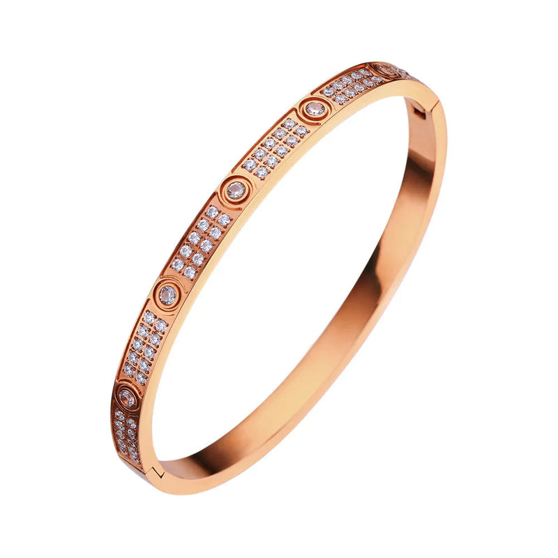Zircon Cross Nut Nail Bracelet - Gold Screw-Style Stainless Steel Bangle for Edgy Glam