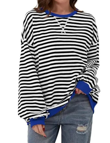 Oversized Striped Pullover Round Neck Sweatshirt – Casual Long Sleeve Crew Neck for a Laid-Back Yet Fashionable Look