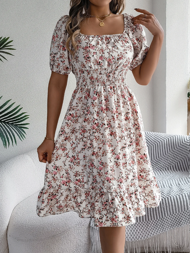 Floral Ruffled Square Neck Dress – Elegant Short Sleeve Summer Dress for Feminine Charm & Seasonal Sophistication