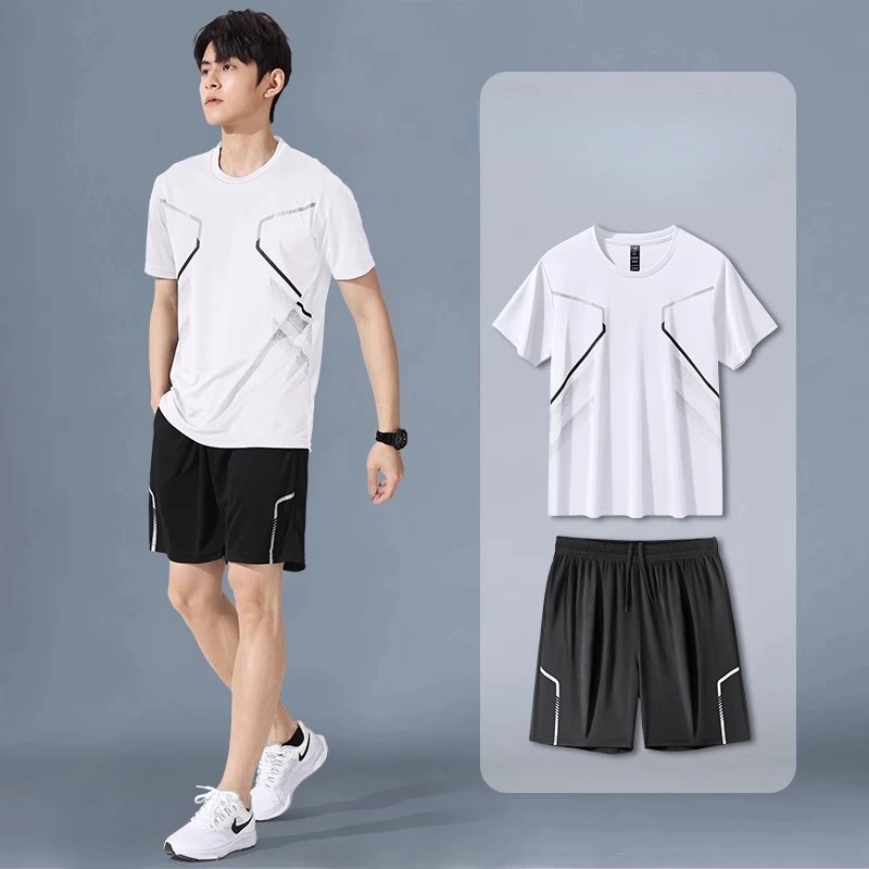 Breathable Shortsleeve Ice Silk Men’s Sportswear Set – Quick-Dry, Sweat-Wicking Running Outfit for Summer, Basketball & Fitness