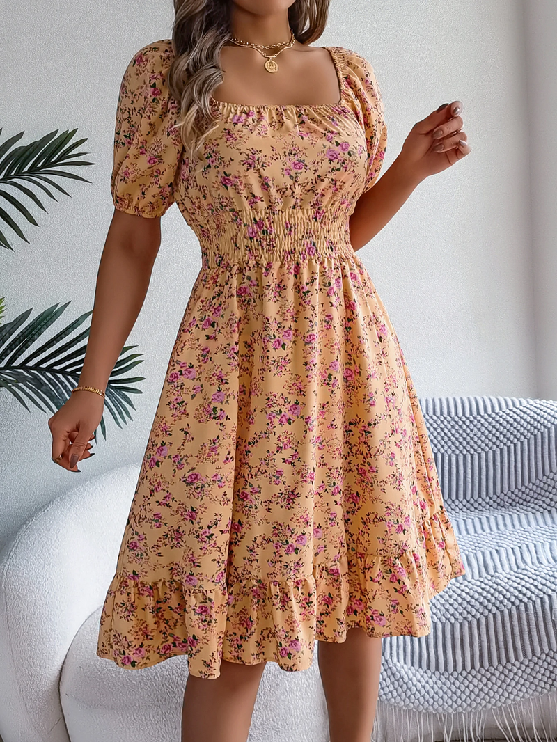 Floral Ruffled Square Neck Dress – Elegant Short Sleeve Summer Dress for Feminine Charm & Seasonal Sophistication