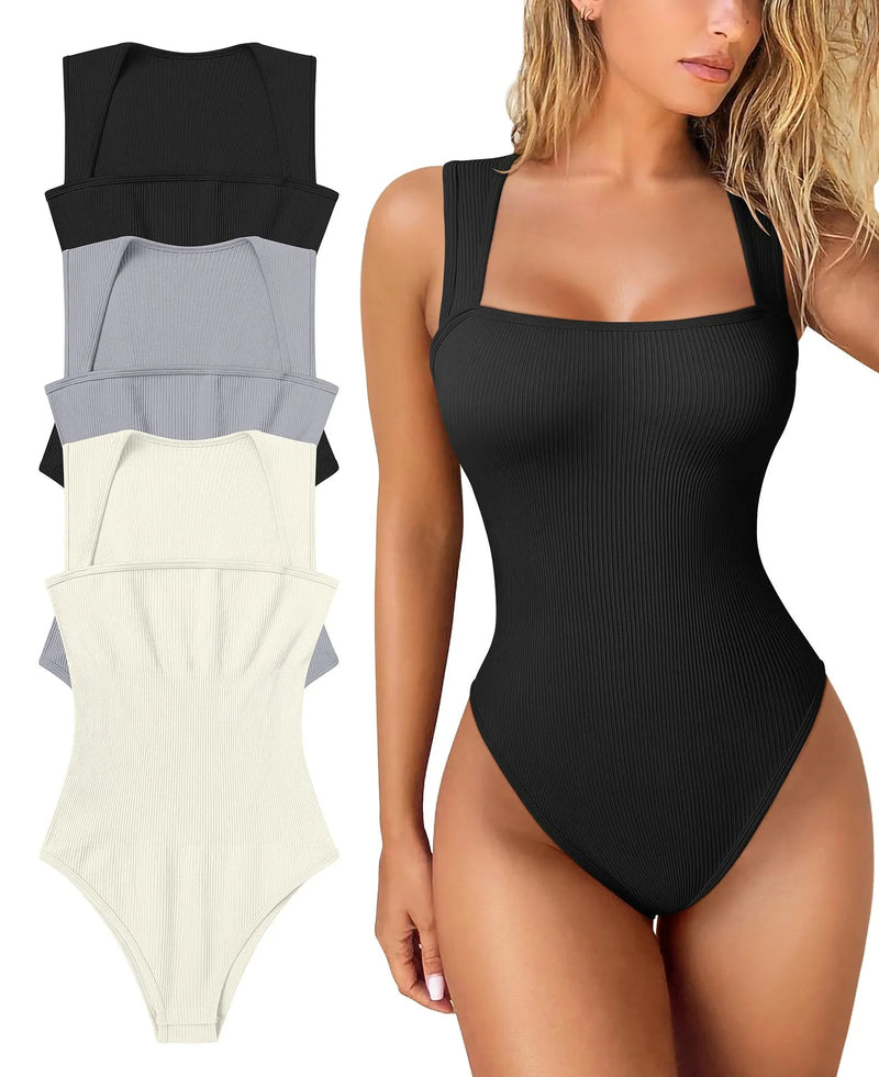 Sleeveless Thread Square Neck Ribbed Jumpsuit – High Elasticity Bodysuit for a Flattering, All-Day Fit