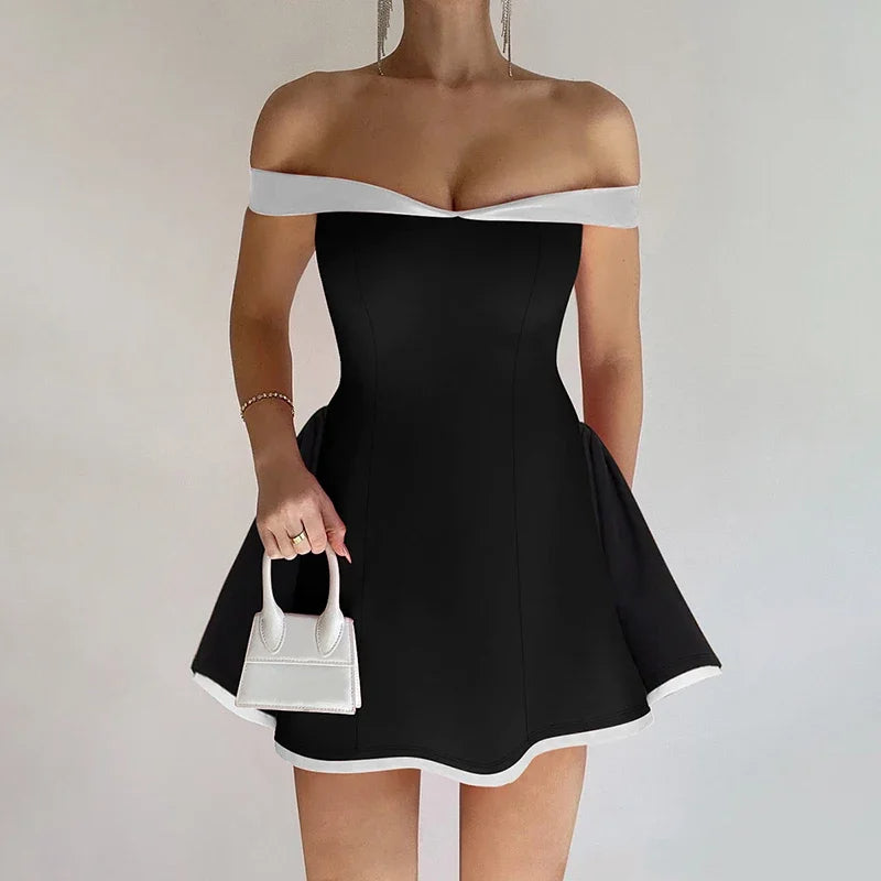 Chic Black and  White Contrast Tube Top Mini Dress – Elegant One-Shoulder Backless Design for a Bold Fashion Statement
