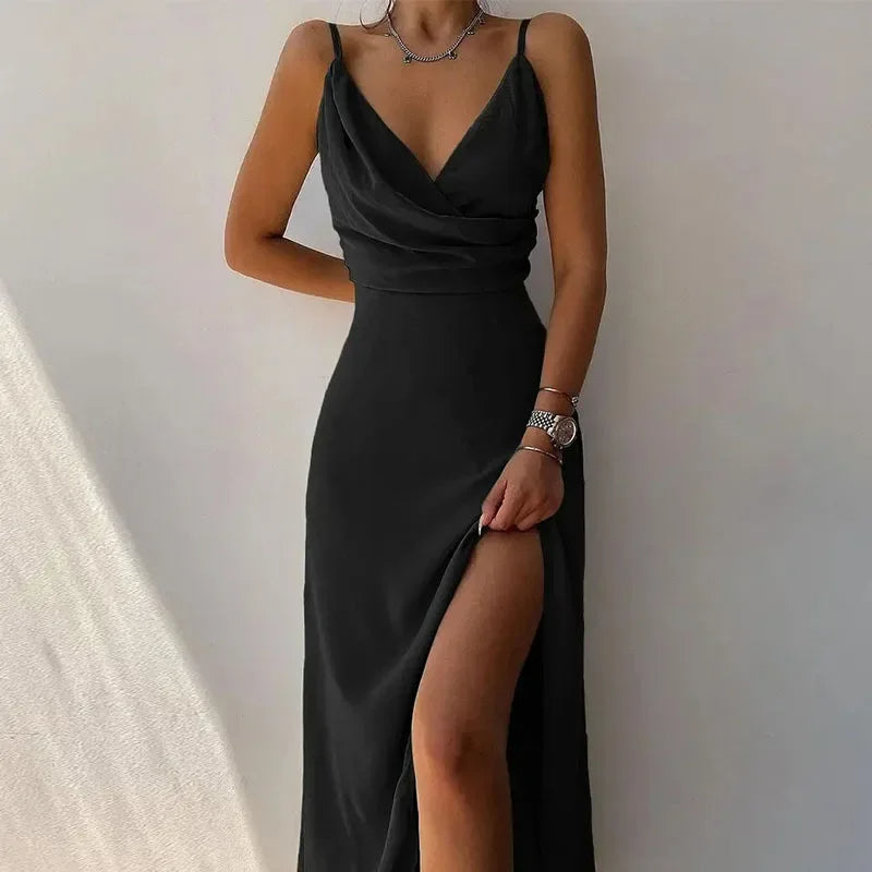 Sexy V-Neck Printed Dress with Slit – Sleeveless A-Line Camisole for Elegant Summer Evenings