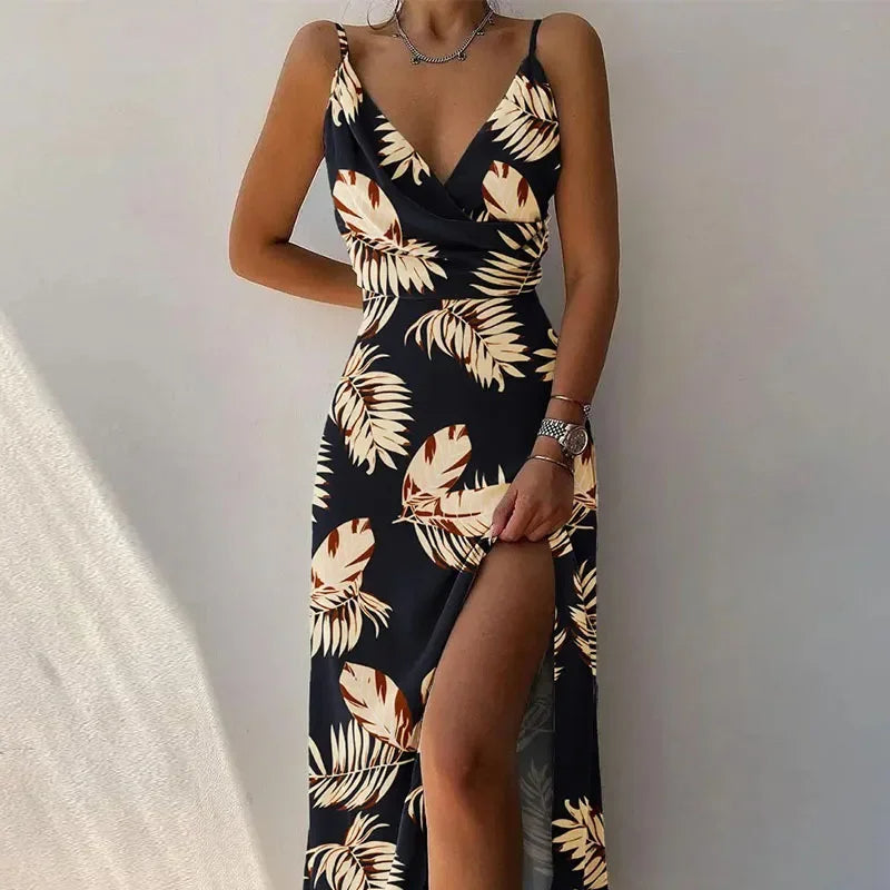 Sexy V-Neck Printed Dress with Slit – Sleeveless A-Line Camisole for Elegant Summer Evenings