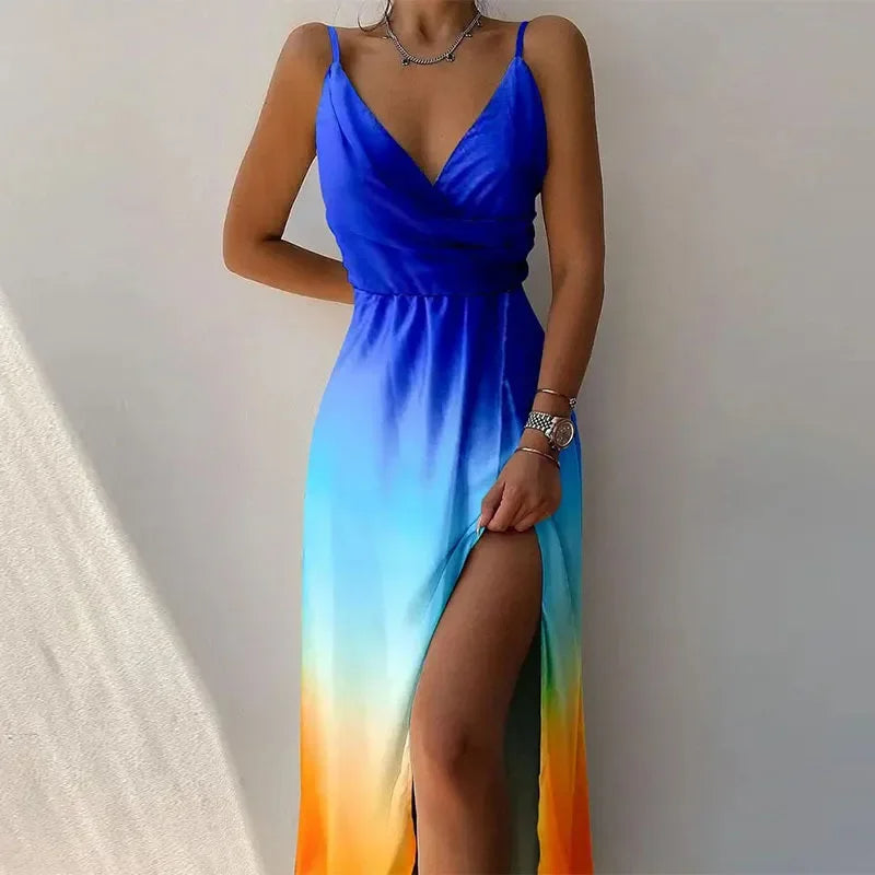Sexy V-Neck Printed Dress with Slit – Sleeveless A-Line Camisole for Elegant Summer Evenings