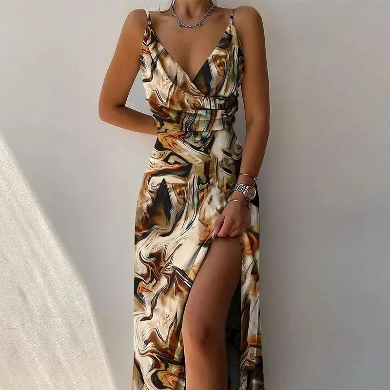 Sexy V-Neck Printed Dress with Slit – Sleeveless A-Line Camisole for Elegant Summer Evenings