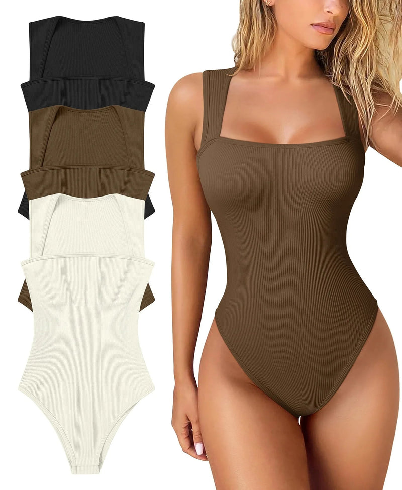 Sleeveless Thread Square Neck Ribbed Jumpsuit – High Elasticity Bodysuit for a Flattering, All-Day Fit