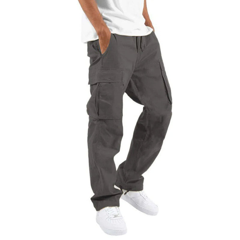 Men's Multi-pocket Cargo Pants – Solid Full-Length Trousers with Drawstring Pockets for Everyday Comfort