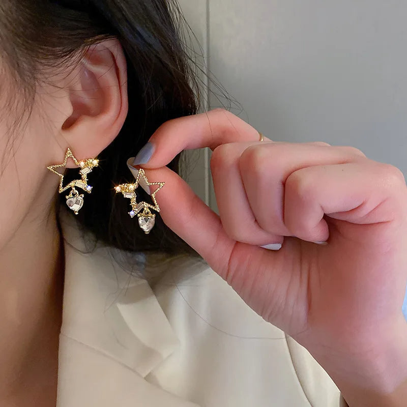 Crystal Star Tassel Dangle Earrings – Elegant Drop Jewelry with Micro-Set Sparkle for Glamorous Parties & Gifts
