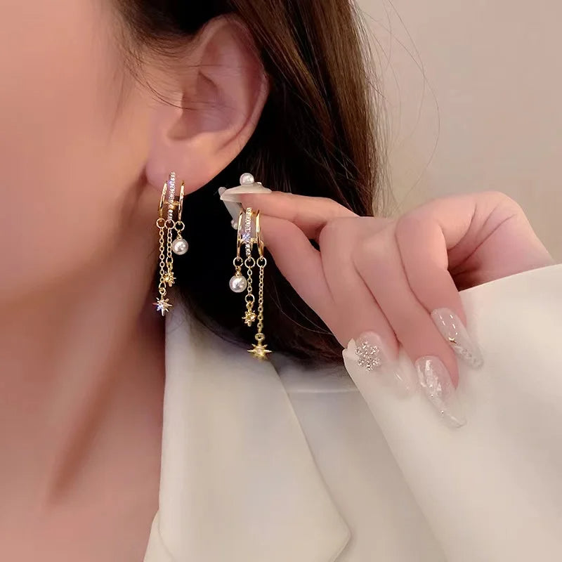 Crystal Star Tassel Dangle Earrings – Elegant Drop Jewelry with Micro-Set Sparkle for Glamorous Parties & Gifts