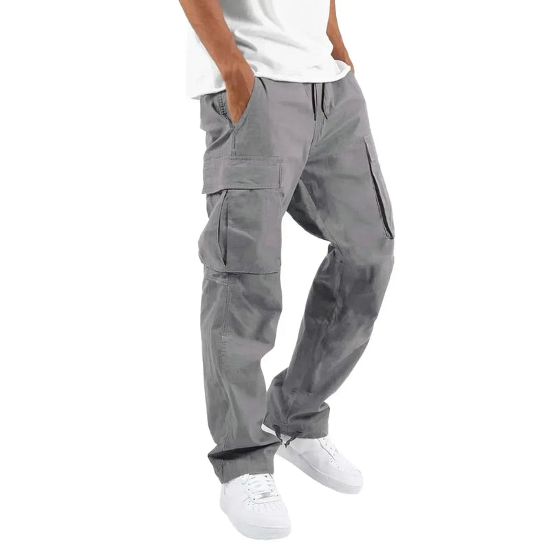 Men's Multi-pocket Cargo Pants – Solid Full-Length Trousers with Drawstring Pockets for Everyday Comfort