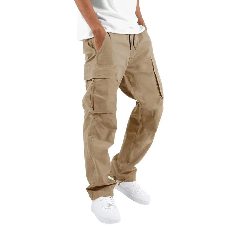 Men's Multi-pocket Cargo Pants – Solid Full-Length Trousers with Drawstring Pockets for Everyday Comfort