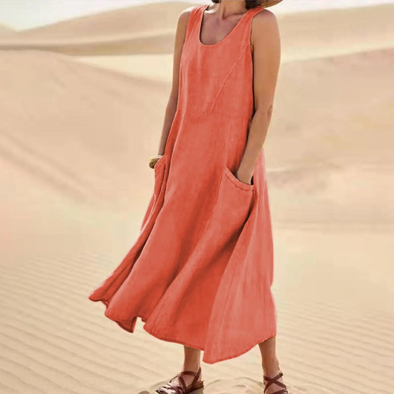 Cotton Linen Long Dress with Pockets – Plus Size Sleeveless Pullover for Effortless Summer Fashion
